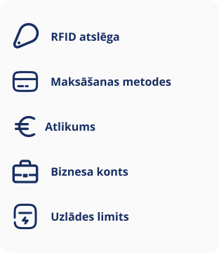 RFID atslēga; maksāšanas metodes; atlikums; biznesa konts; uzlādes limits.