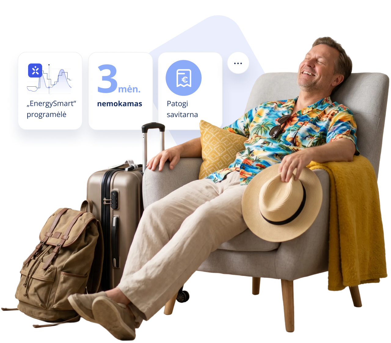 Atsipalaidavęs vyras po kelionės sėdis ant fotelio su šalia išvardintomis Ignitis papildomomis paslaugomis: EnergySmart programėle, 3mėn nemokamu sąskaitos draudimu ir patogia savitarna.