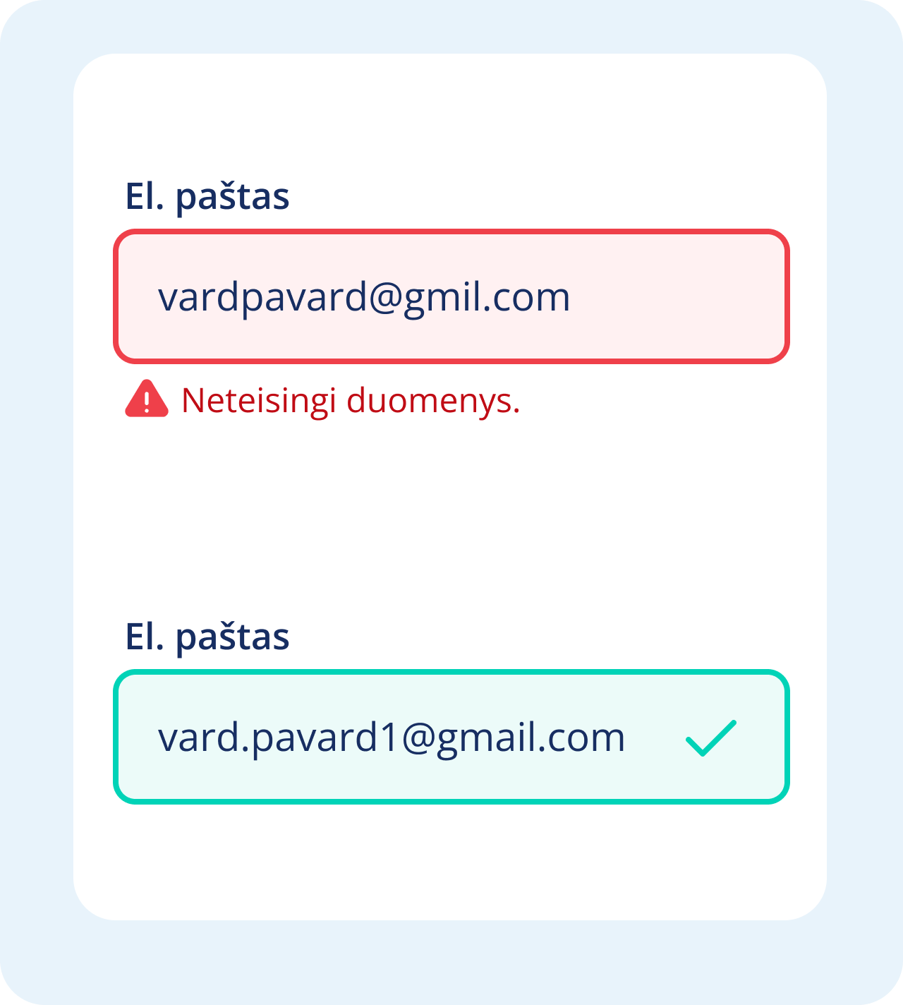 Netaisyklingai ir taisyklingai suvestas el. pašto adresas savitarnos formoje