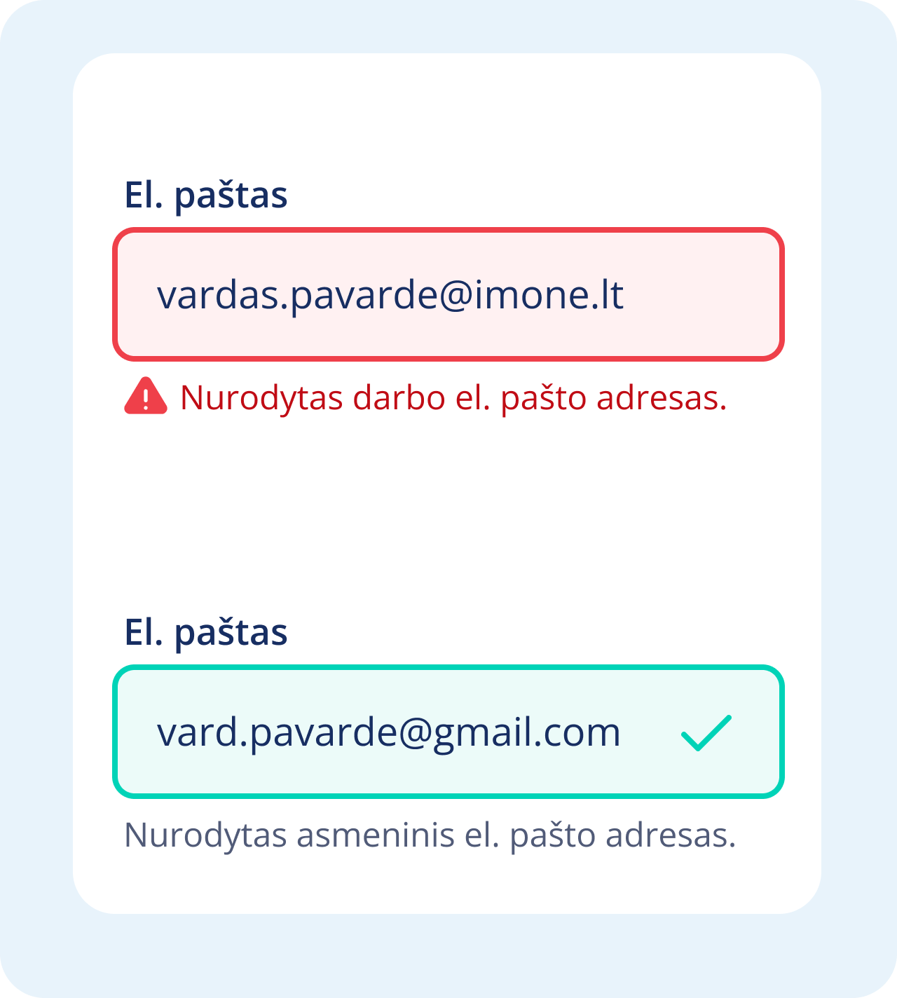 Netaisyklingai ir taisyklingai nurodytas el. pašto adresas savitarnos formoje