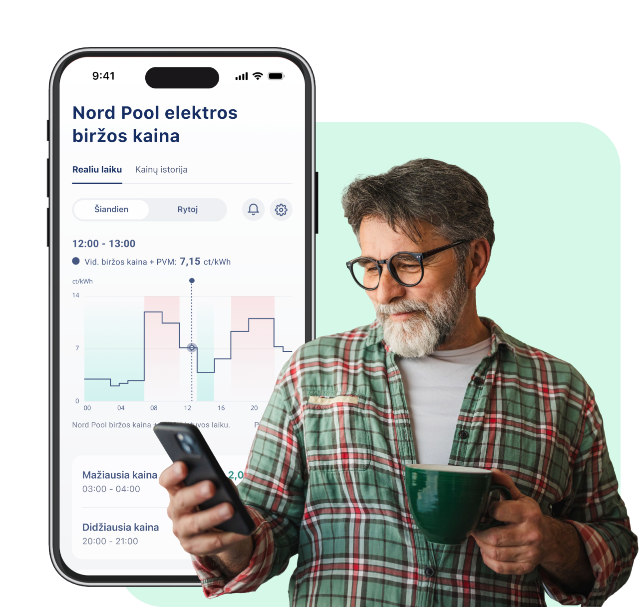 Vyras su telefonu, greta Nord Pool elektros biržos kainų grafikas programėlėje