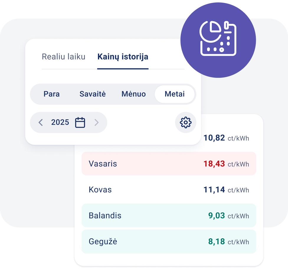 Biržos kainų istorija pagal mėnesius programėlėje