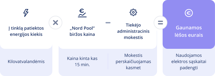 Formulė, kaip apskaičiuojama į elektros tinklus patiektos elektros energijos vertė.