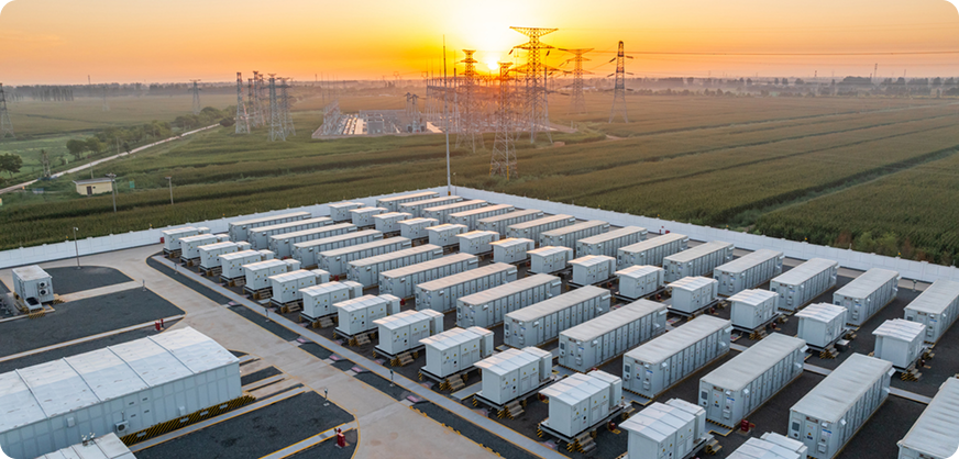 Energijos kaupikliai saulėlydžio fone.