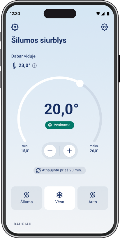 EnergySmart programėlė telefone su įjungtu šilumos siurblių langu