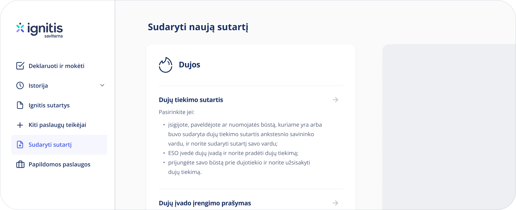 mano.ignitis.lt savitarnoje esantis naujos dujų sutarties sudarymo langas.