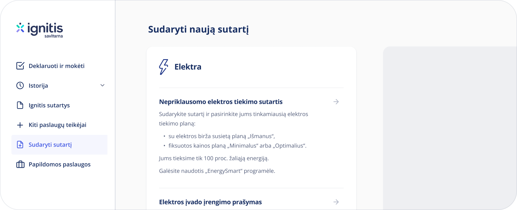 mano.ignitis.lt savitarnoje esantis naujos elektros sutarties sudarymo langas.