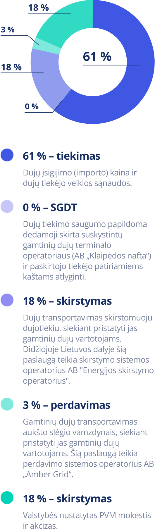 Vidutinės gamtinių dujų kainos sandaros grafikas. 2026 m. sausis.