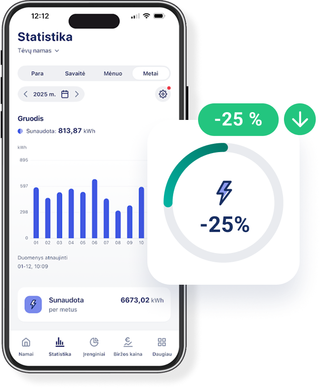 EnergySmart programėlė telefone. Statistikos langas.