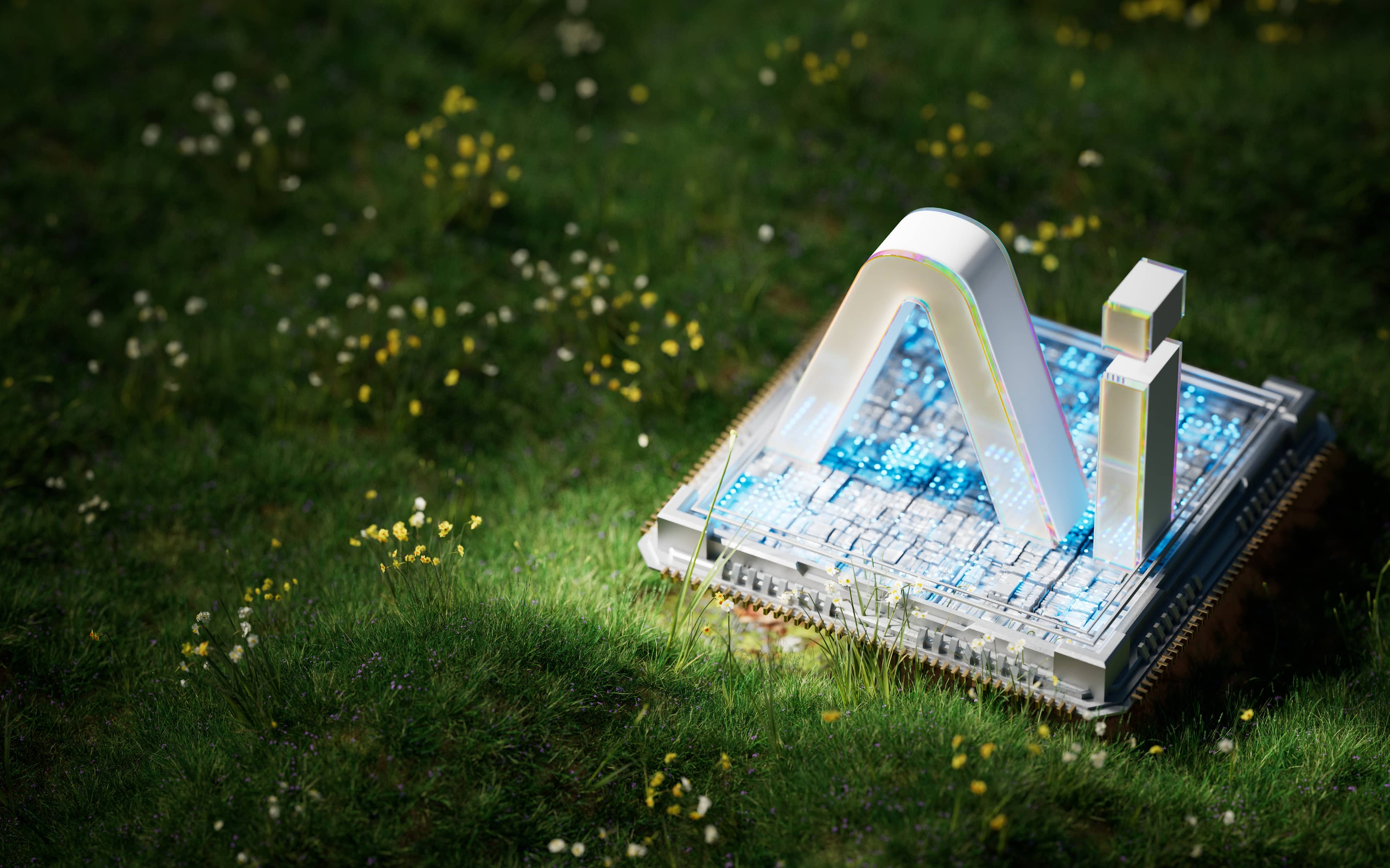 Mėlynai šviečiantis kompiuterio procesorius padėtas ant vejos su 3D raidėmis „AI“ ant jo.