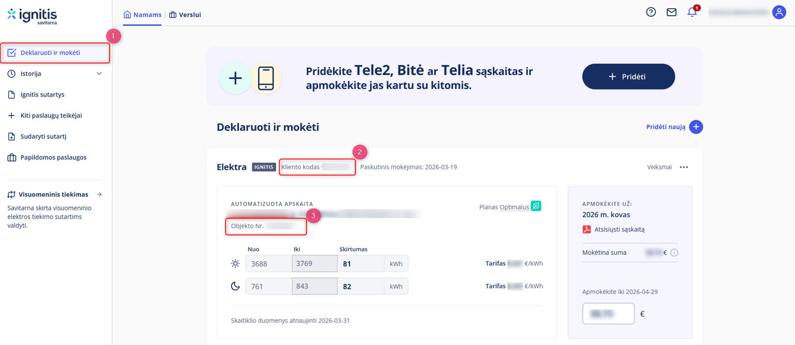 Kur rasti kliento kodą ir objekto numerį