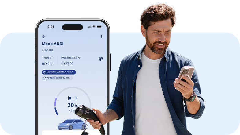 Vyras su įkrovimo jungtimi ir EnergySmart išmanaus įkrovimo langas telefone