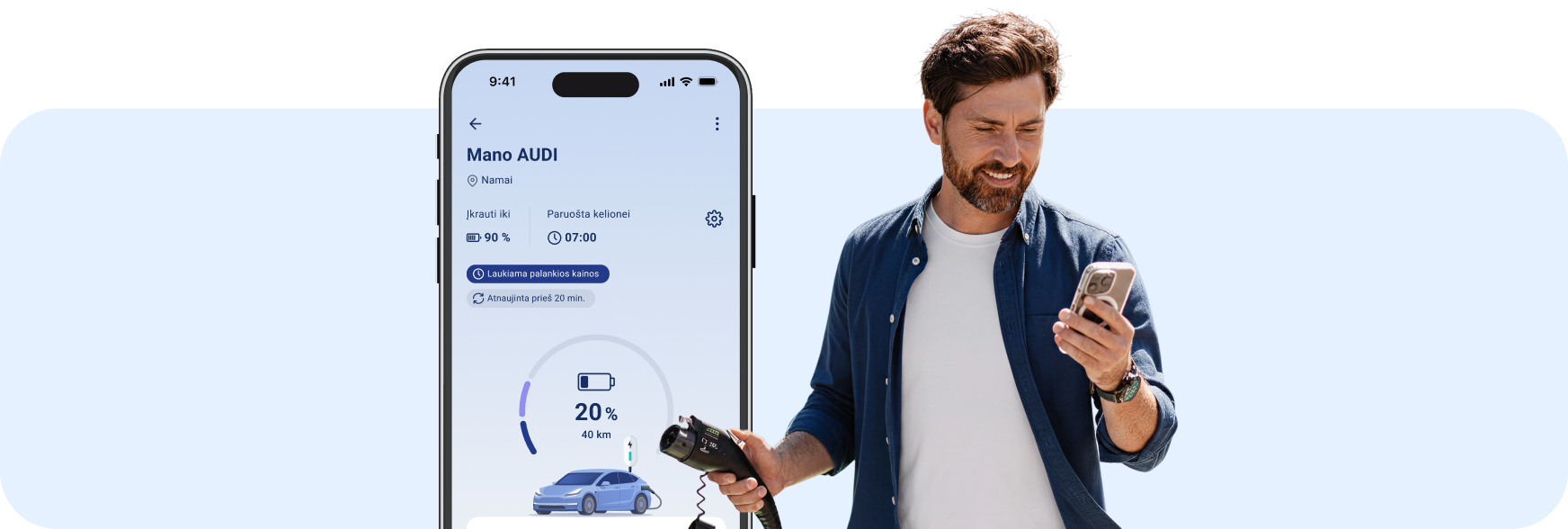 Vyras su įkrovimo jungtimi ir EnergySmart išmanaus įkrovimo langas telefone