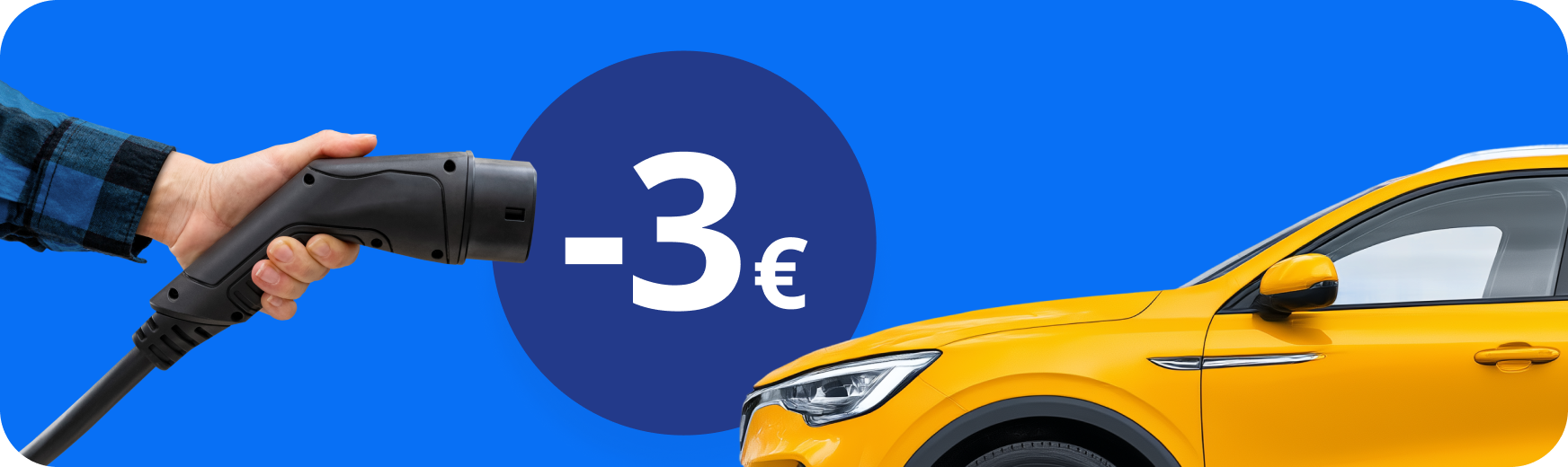 Geltonas elektromobilis ir įkrovimo jungtis, prenumeratai taikoma 3 Eur nuolaida