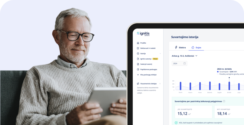 Vyras planšetėje naudojasi Ignitis savitarna