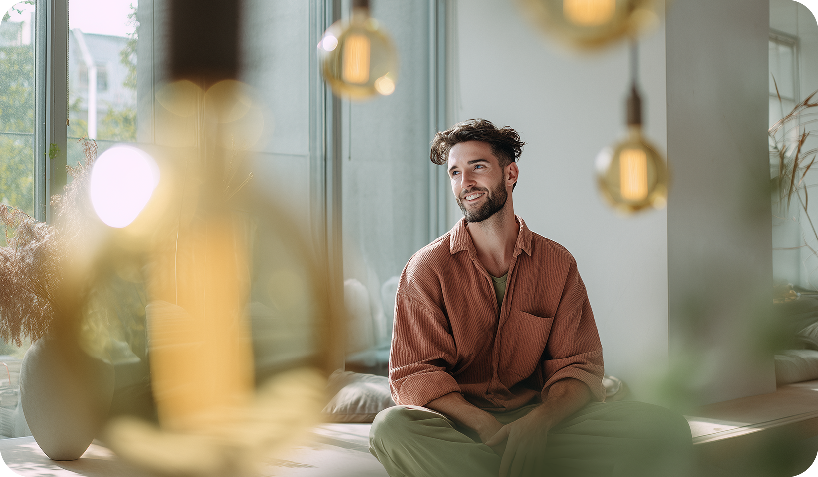 Jaunas vyras džiaugiasi pavasariu ir šviesa