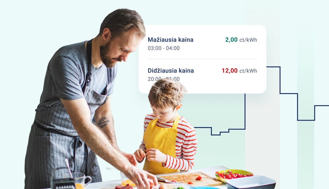 Vyras su vaiku gamina maistą, greta pateikiamas elektros kainų grafikas