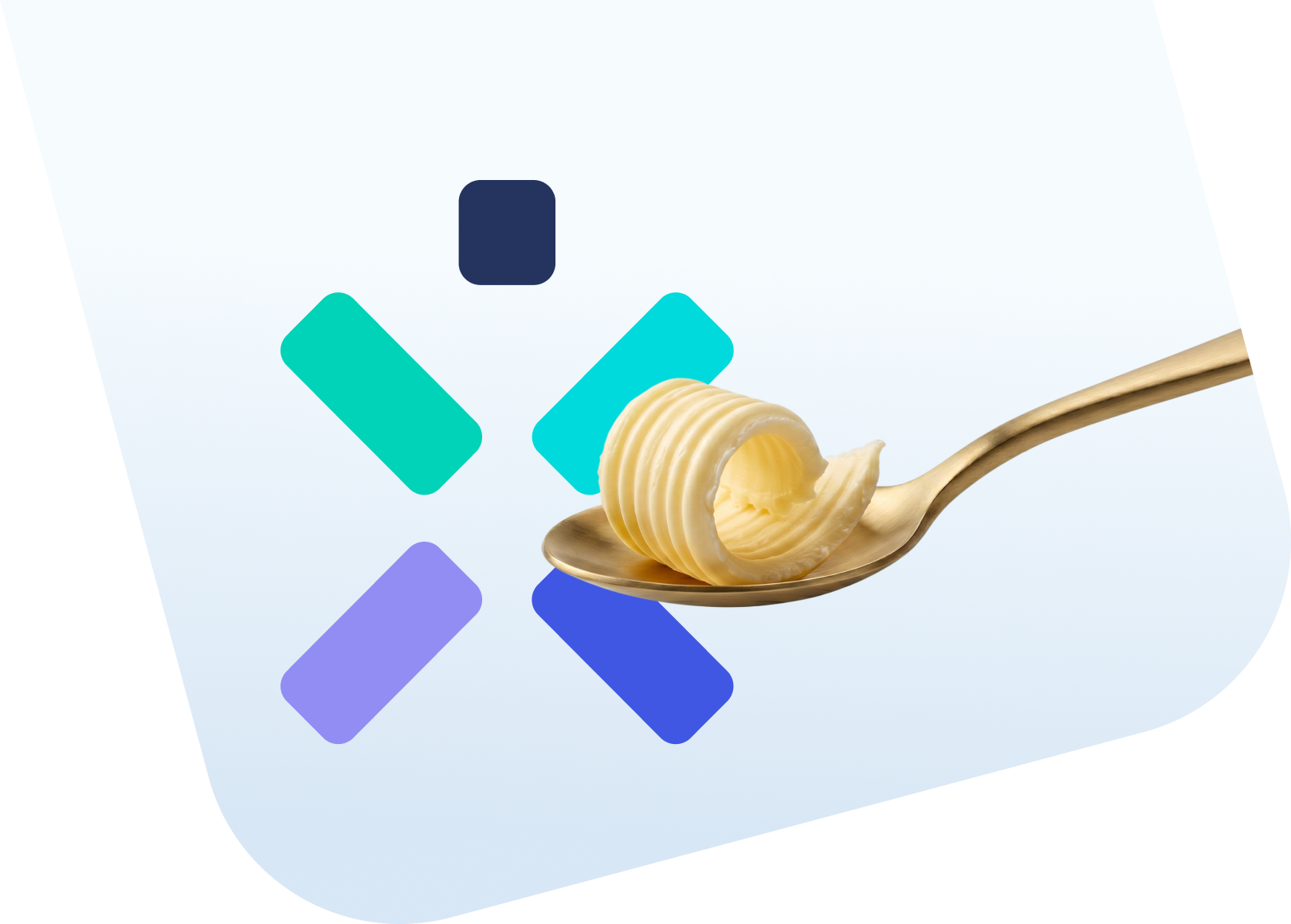 Šaukštas su sviestu jame, o fone Ignitis logotipas.