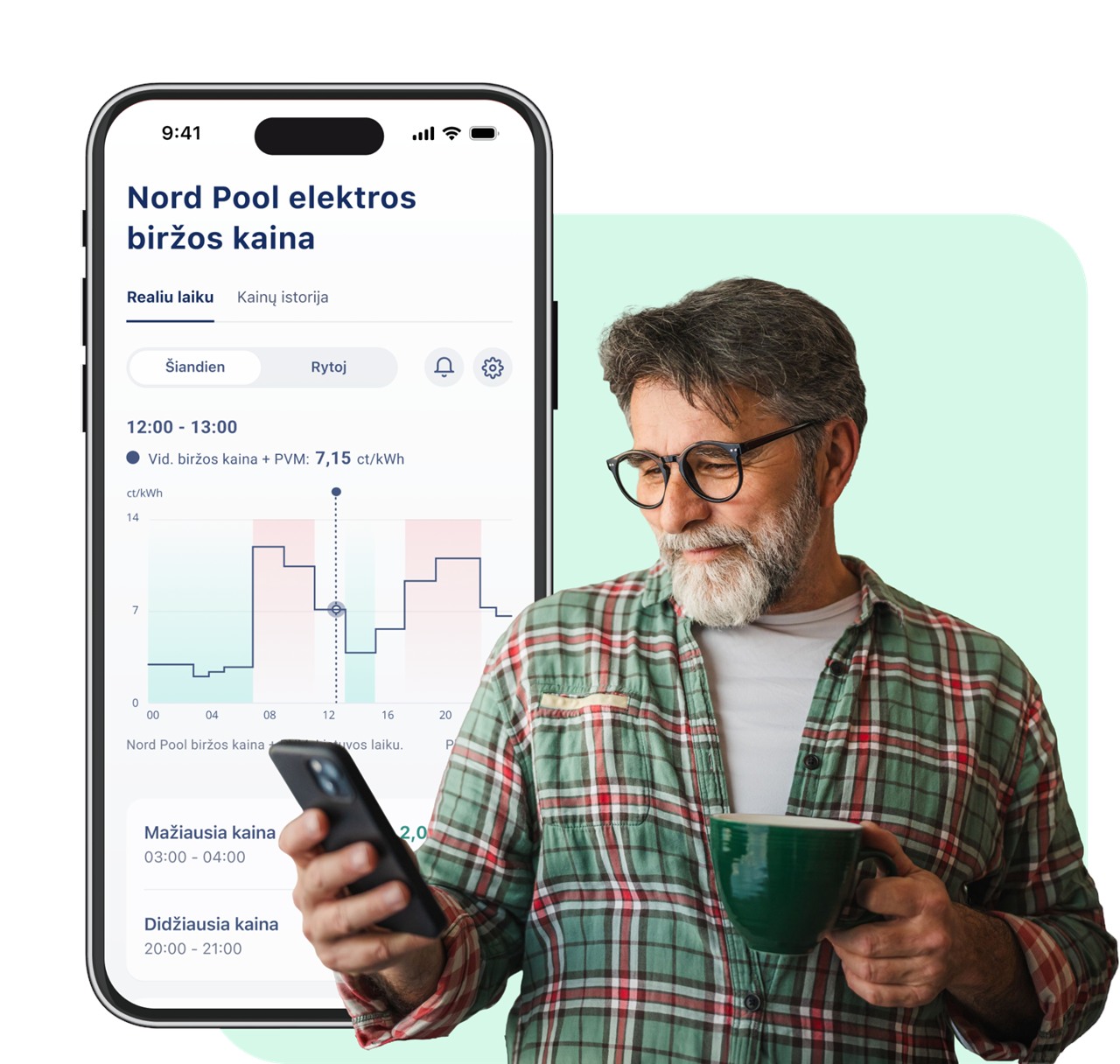 Vyras su telefonu, greta Nord Pool elektros biržos kainų grafikas programėlėje