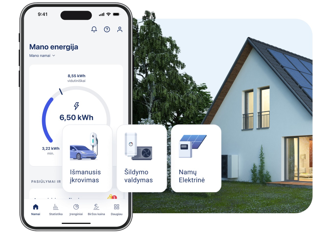EnergySmart programėlės energijos valdymo ekranas