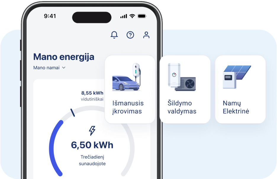 EnergySmart programėlės energijos valdymo ekranas