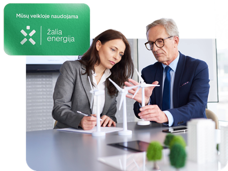 Vyras demonstruoja vėjo elektrinės modelį kolegei