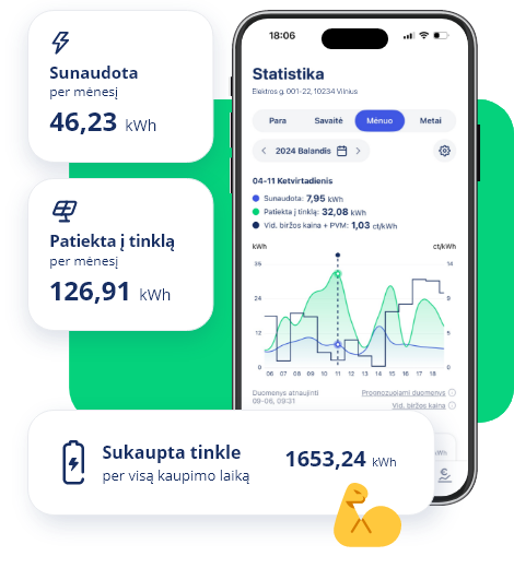 Į tinklą patiektos energijos statistikos langas Energysmart programėlėje