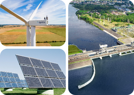 Vėjo turbina, saulės panelė ir hidroelektrinė - koliažas