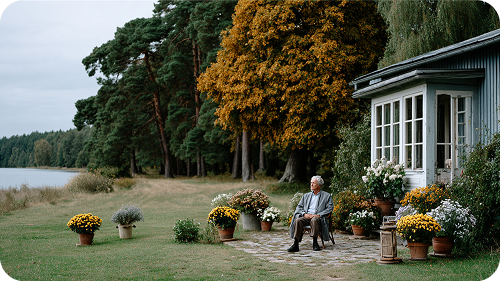 Senjoras sėdi savo terasoje ant ežero kranto