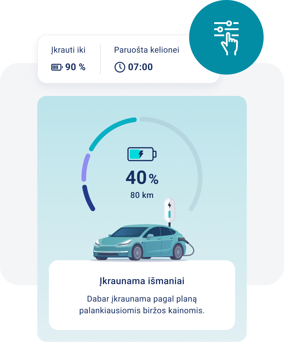 EnergySmart programėlės elektromobilio išmanaus įkrovimo langas.