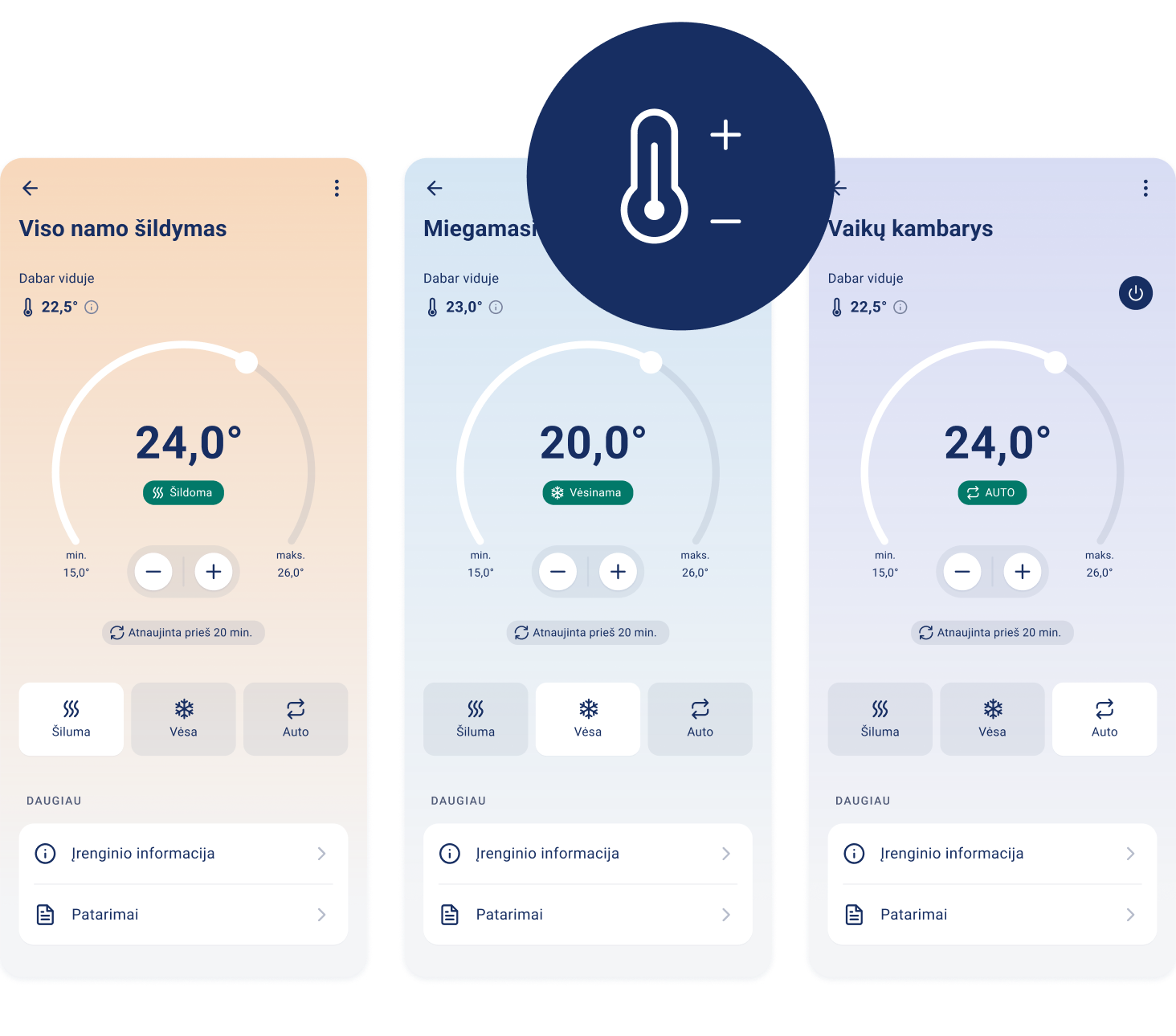 Skirtingų kambarių šildymo temperatūros nustatymai programėlėje