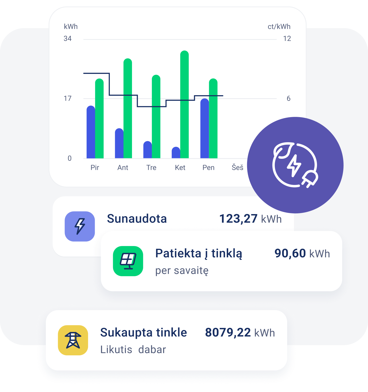 Į tinklą patiekta ir sukaupta elektra bei suvartojimo diagrama