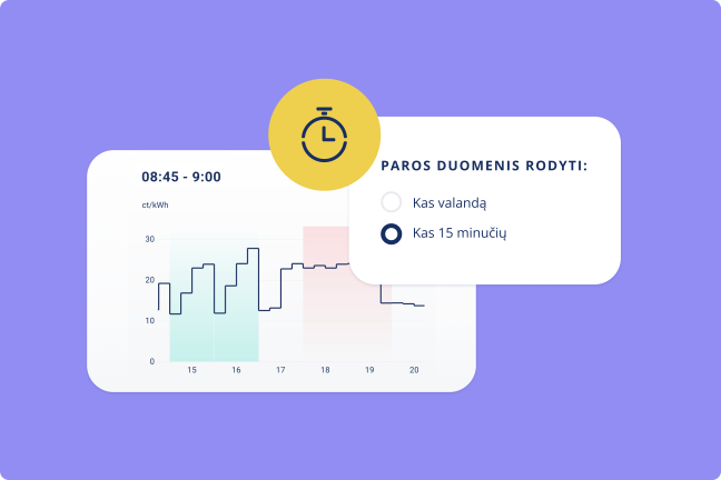 Elektros biržos grafikas, kuriame kaina atvaizduojama kas 15 minučių