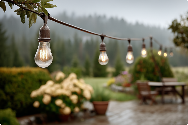 Šviečianti elektrinė girlianda pakabinta lauke, o fone matosi terasa su lauko baldais ir sodas po lietaus.
