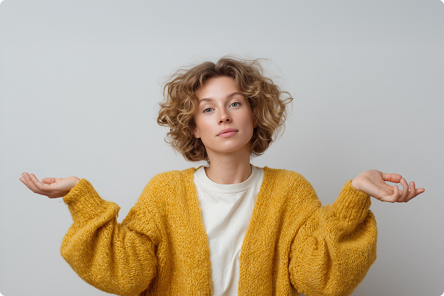 Mergina garbanotais plaukais vilkinti geltoną megztinį, rodo "nežinau" gestą