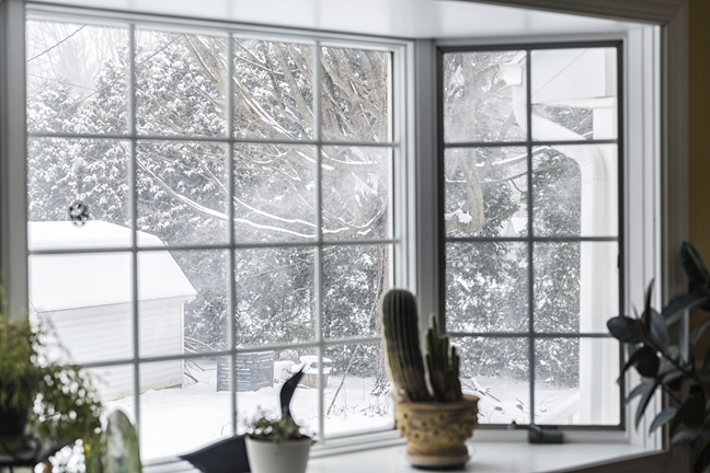 Didelis langas, pro kurį matosi apsnigti medžiai ir namas.