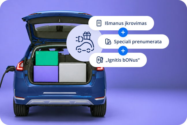 Elektromobilis su atidaryta bagažine, dovanų dėžės ir išmanaus įkrovimo, prenumeratos bei Ignitis bONus naudų ženklai